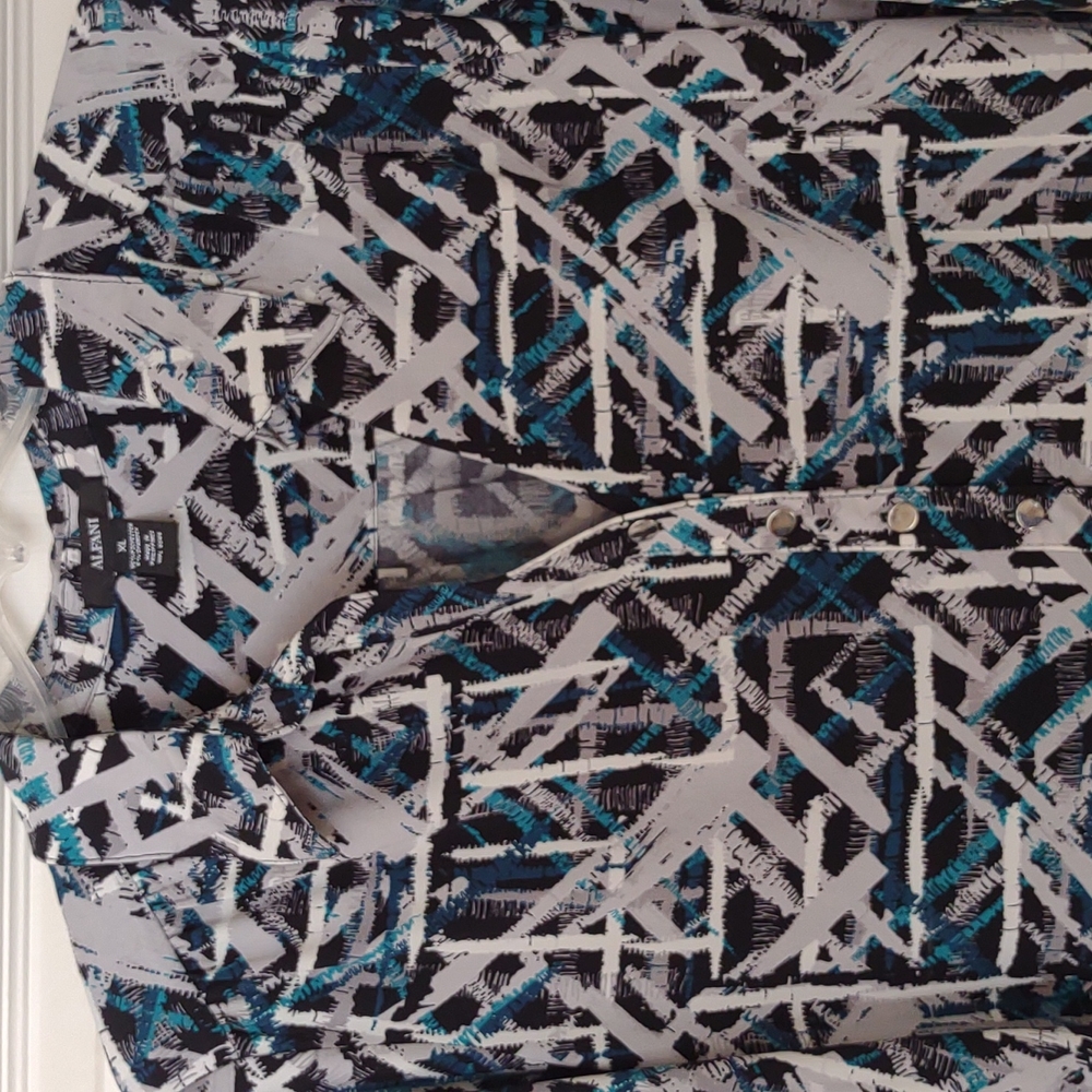 Alfani black, gray and Teal V neck blouse in size XL